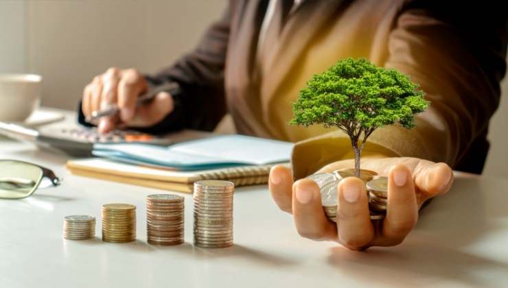 uomo che tiene in mano un piccolo albero e spiccioli sul banco